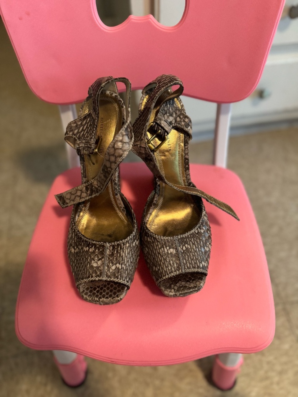 Bottega Veneta Python-Print Peep-Toe Heels with Ankle Strap